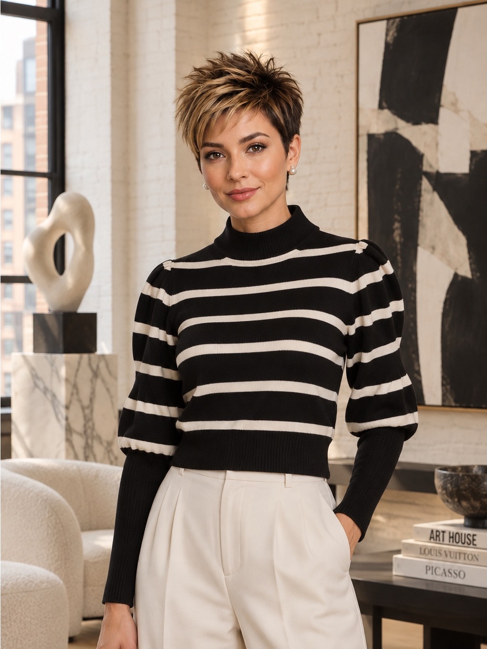 Derek Lam 10 Crosby Merino Wool Black & ivory Striped Cropped knit sweater - XS